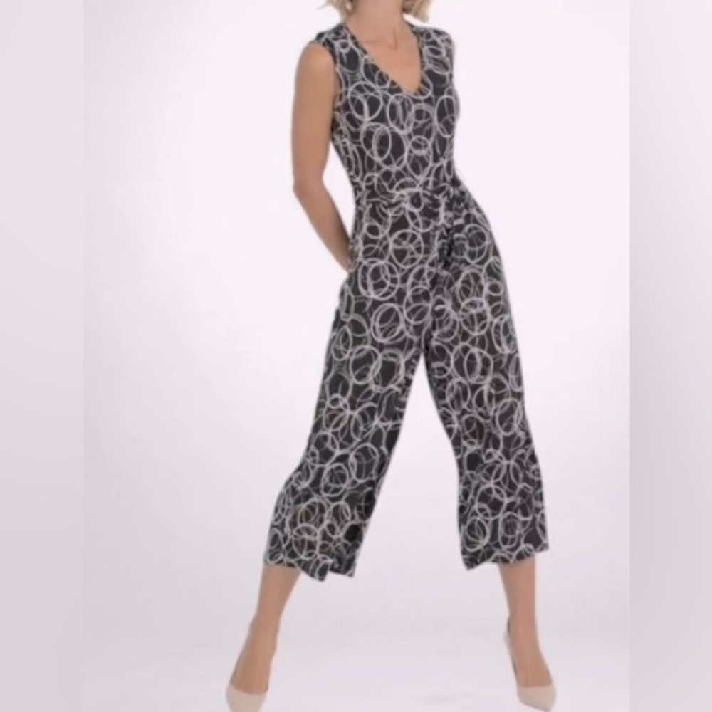 Joseph Ribkoff Black and White Sleeveless Jumpsuit with Abstract Circle Print